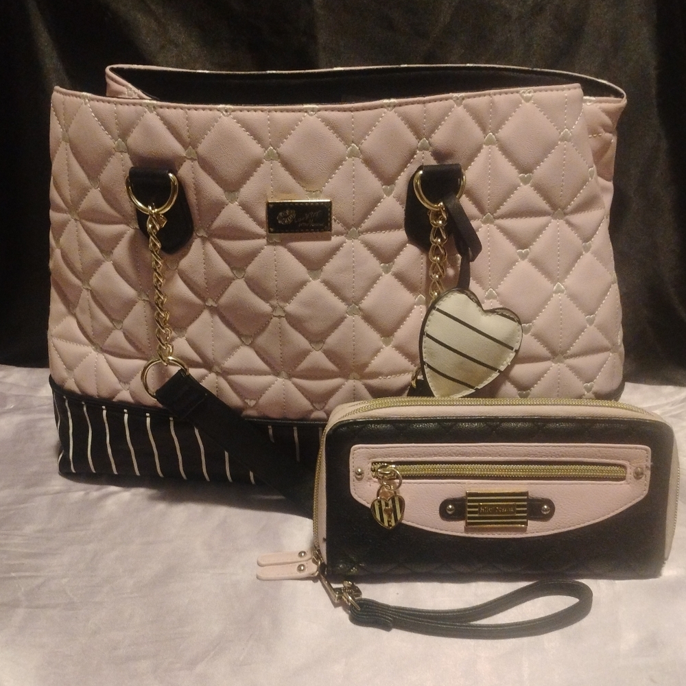 Betsey Johnson Quilted Pink and Black Tote with Wallet